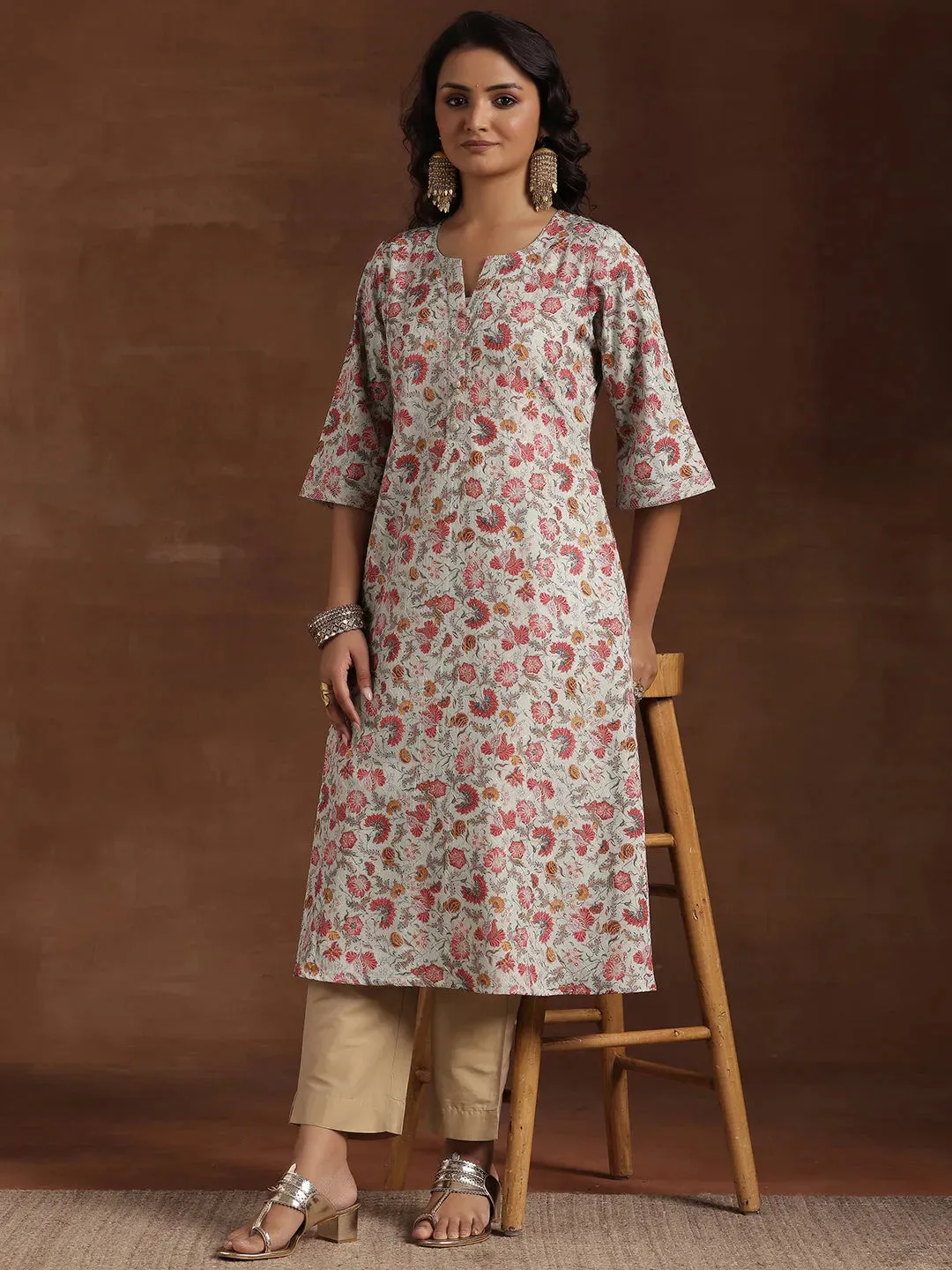 29223_3.webp Green Printed Cotton A-Line Kurta - Image 1