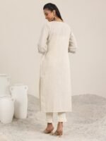 Off White Solid Cotton Blend Straight Kurta - Image 3