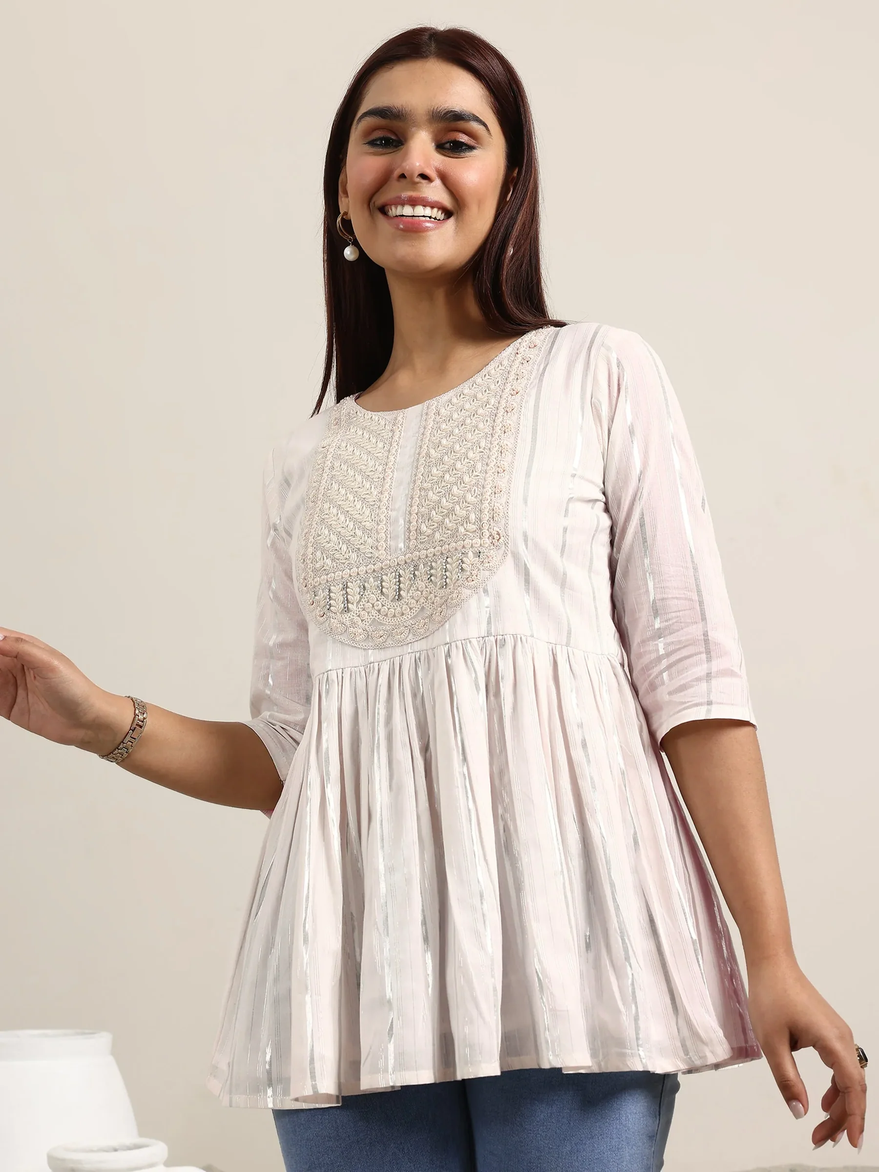 29503O_1Main.webp Off White Printed Cotton Anarkali Short Kurti - Image 1