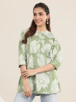 Green Printed Cotton Straight Short Kurti