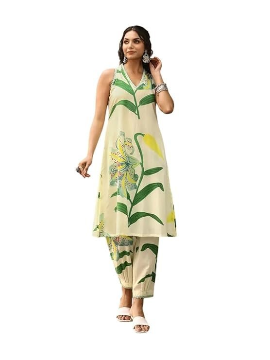 51VA0WQO4fL._SY741_.jpg Women's Pure Cotton Sleeveless Regular Kurta with Pant (Green-Leaf-p) - Image 1