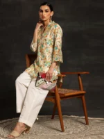 Beige Printed Silk Blend Straight Kurtis - Image 4