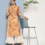 Brown Printed Silk Straight Kurta